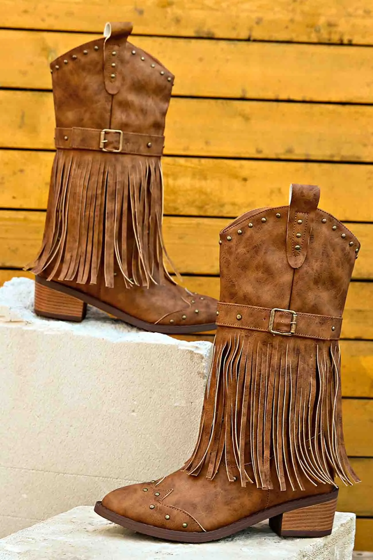 Amozae-Pointed Toe Studded Fringed Mid-Calf Boots