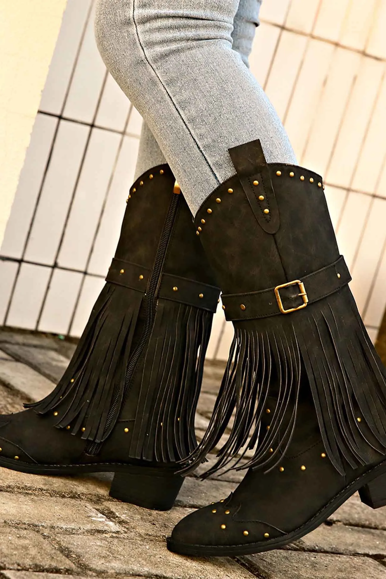 Amozae-Pointed Toe Studded Fringed Mid-Calf Boots