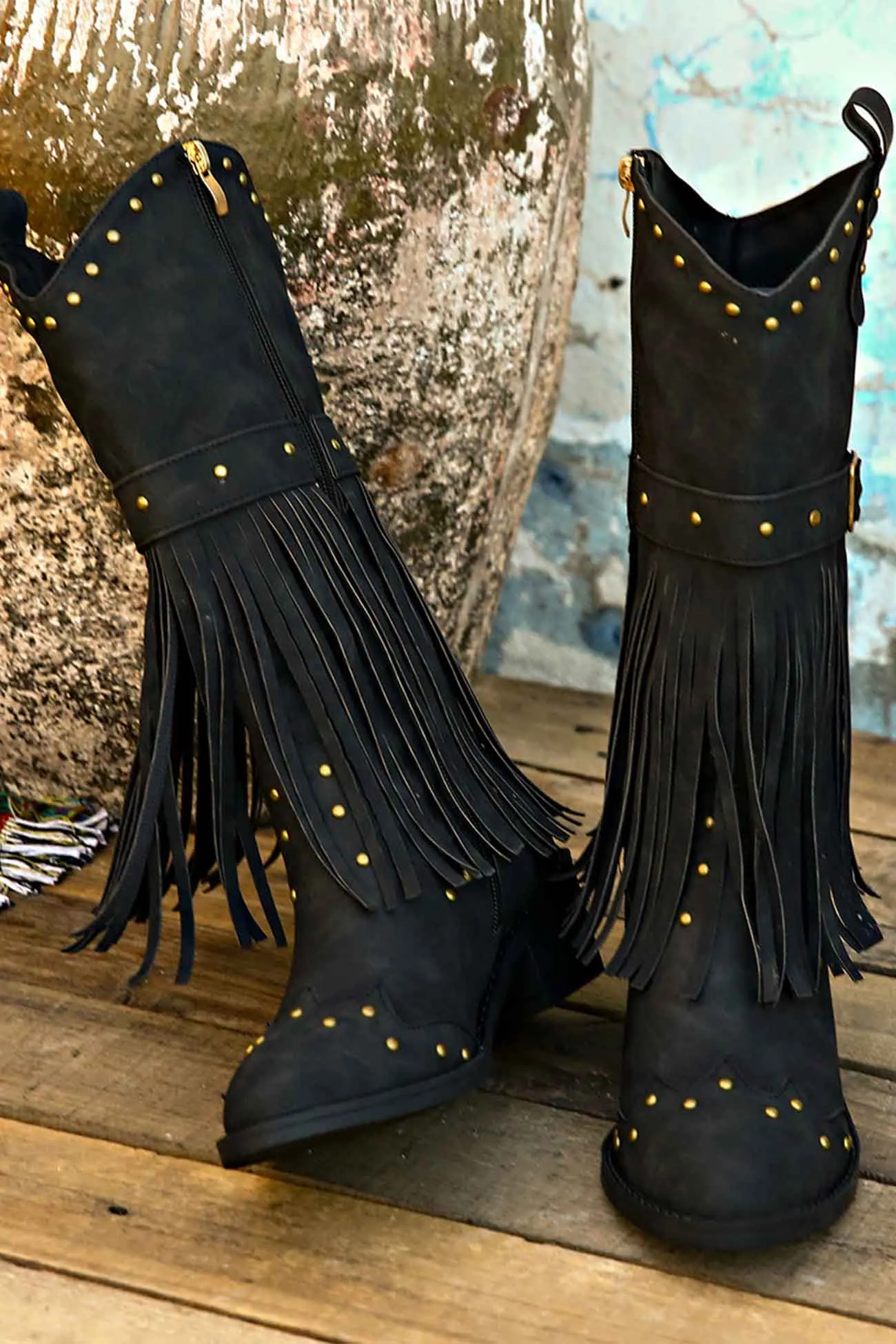 Amozae-Pointed Toe Studded Fringed Mid-Calf Boots