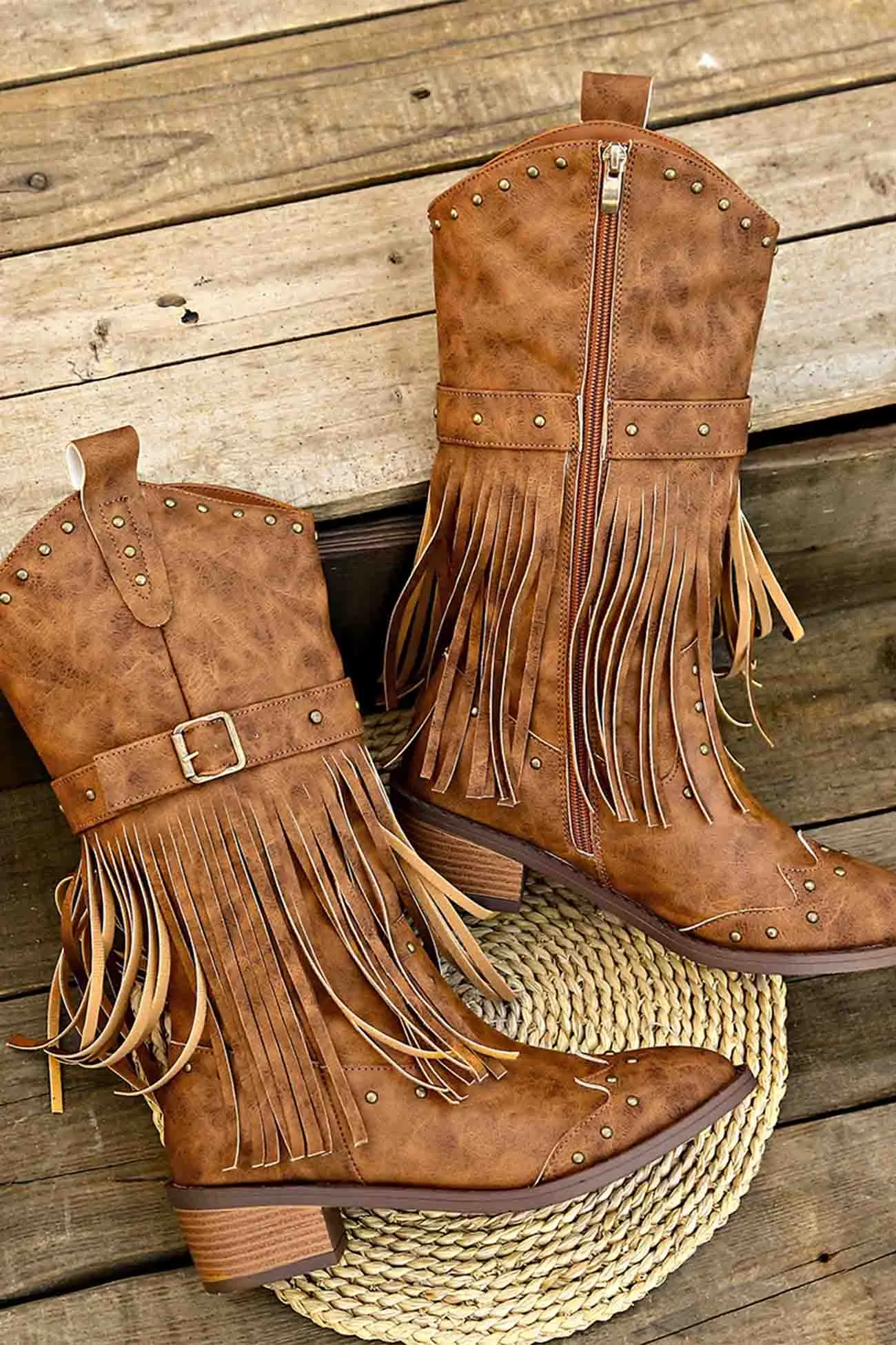 Amozae-Pointed Toe Studded Fringed Mid-Calf Boots