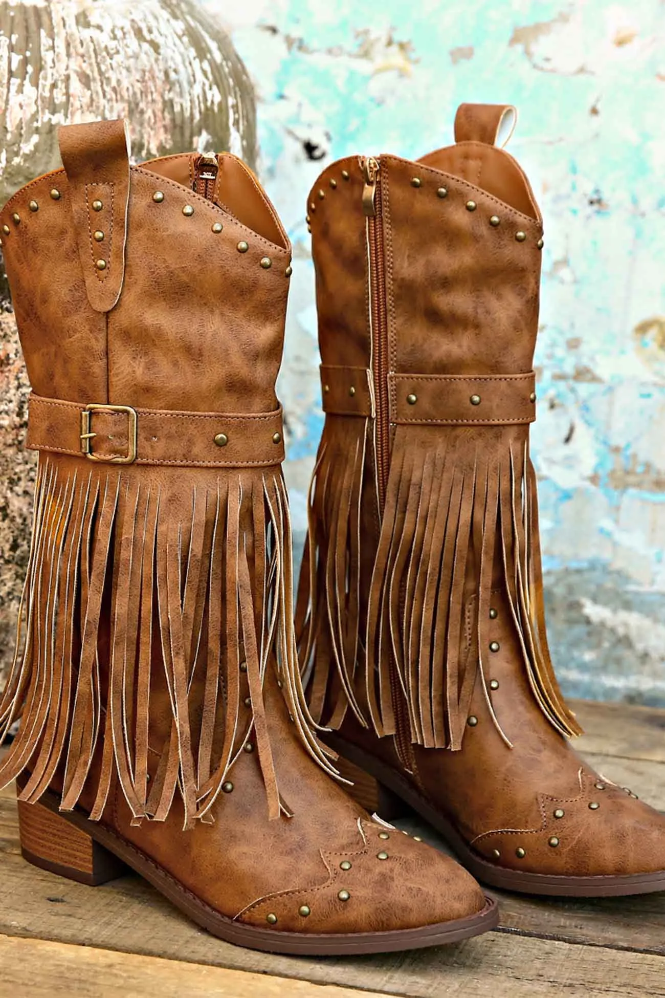 Amozae-Pointed Toe Studded Fringed Mid-Calf Boots