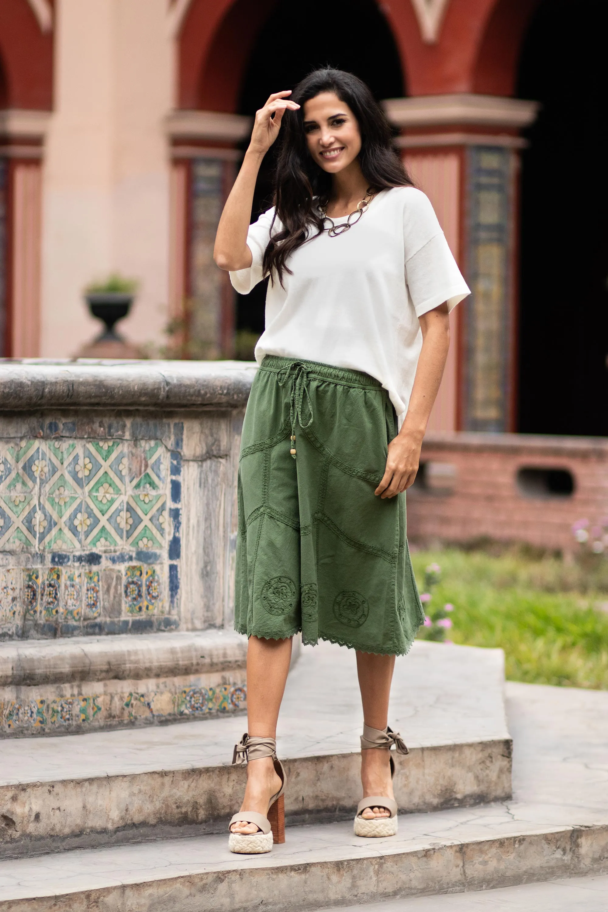 Andean Fields Embroidered Laurel Green Cotton Skirt from Peru