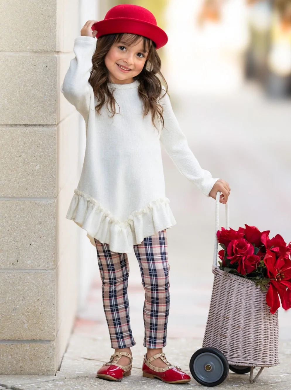 Autumn Breeze Ruffle Tunic And Plaid Legging Set