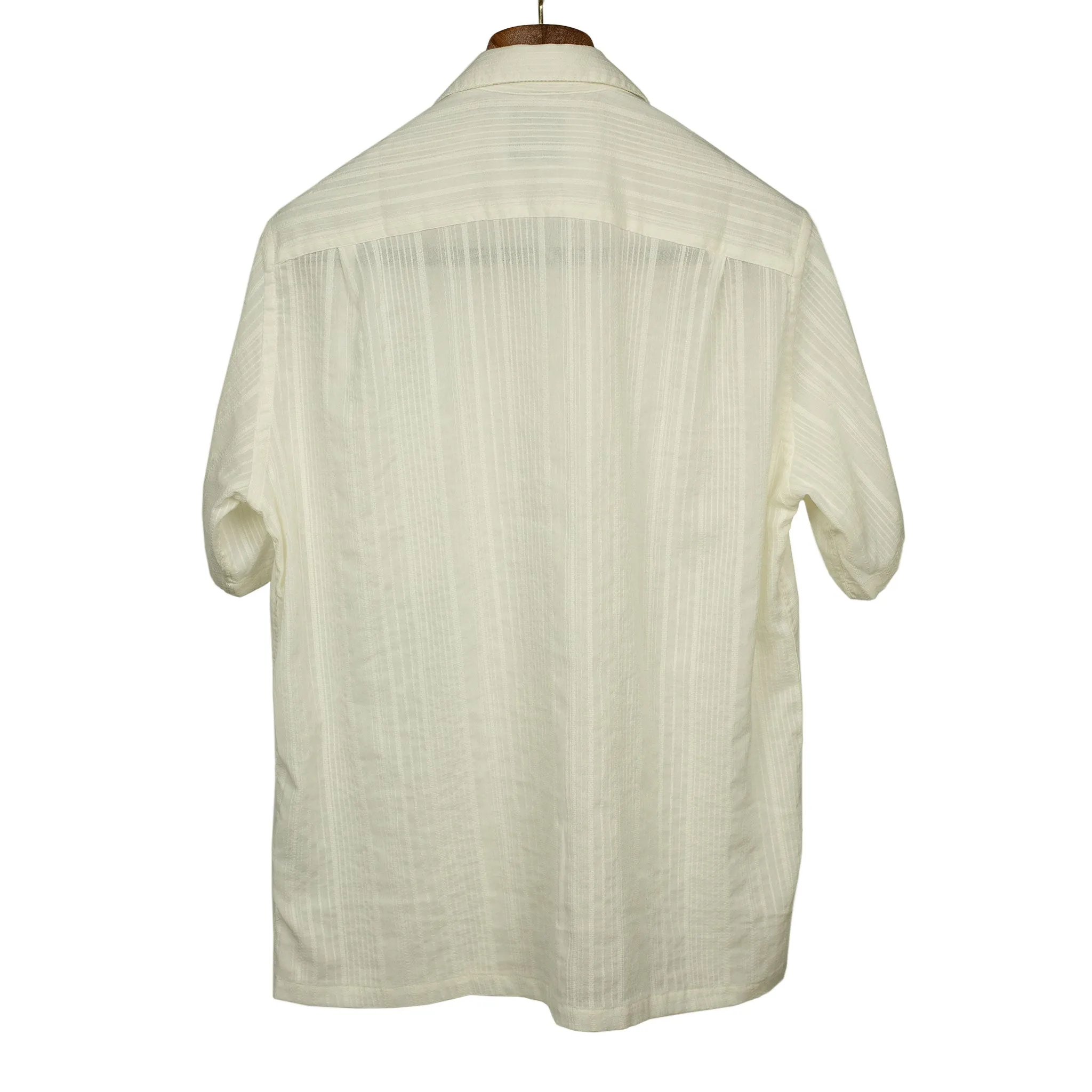 Bahia camp collar shirt in ecru cotton with jacquard stripes