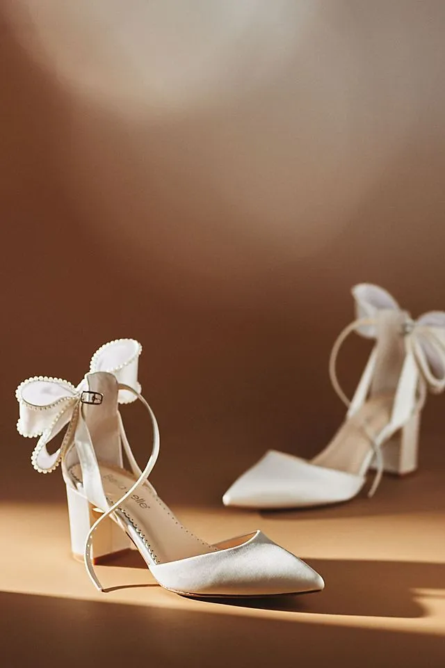 Bella Belle Molly Block Heel Shoes with Pearl Bow, Ivory