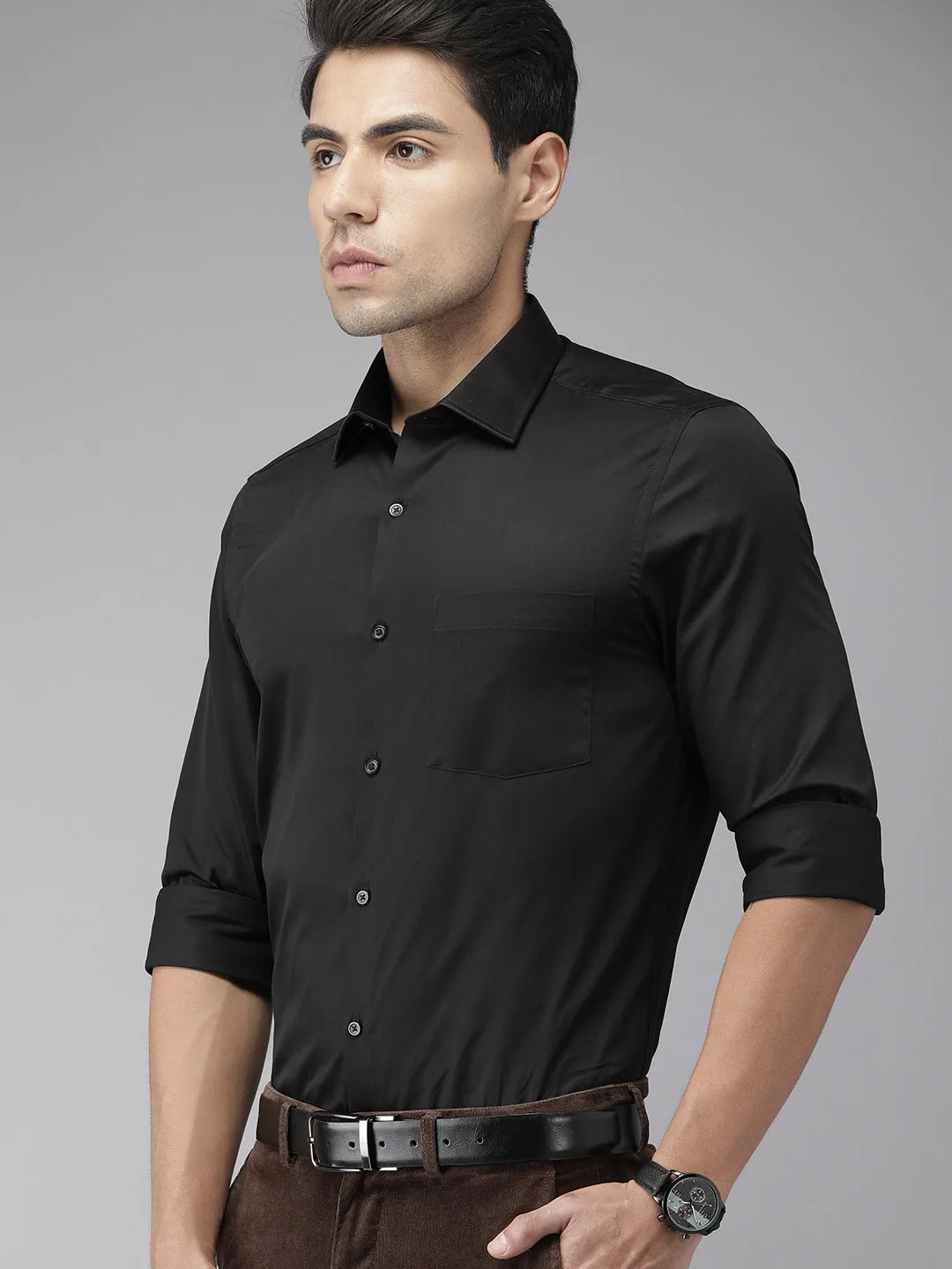 Black Cotton Solid Slim Fit Shirts