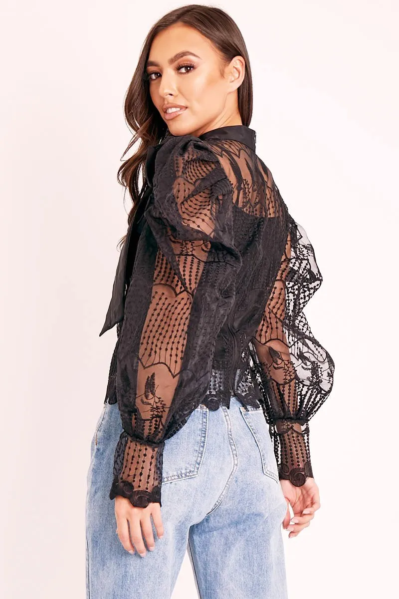 Black Mesh Ornate Embroidery Neck Tie Blouse Top - Tamzen