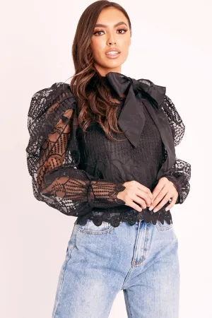 Black Mesh Ornate Embroidery Neck Tie Blouse Top - Tamzen