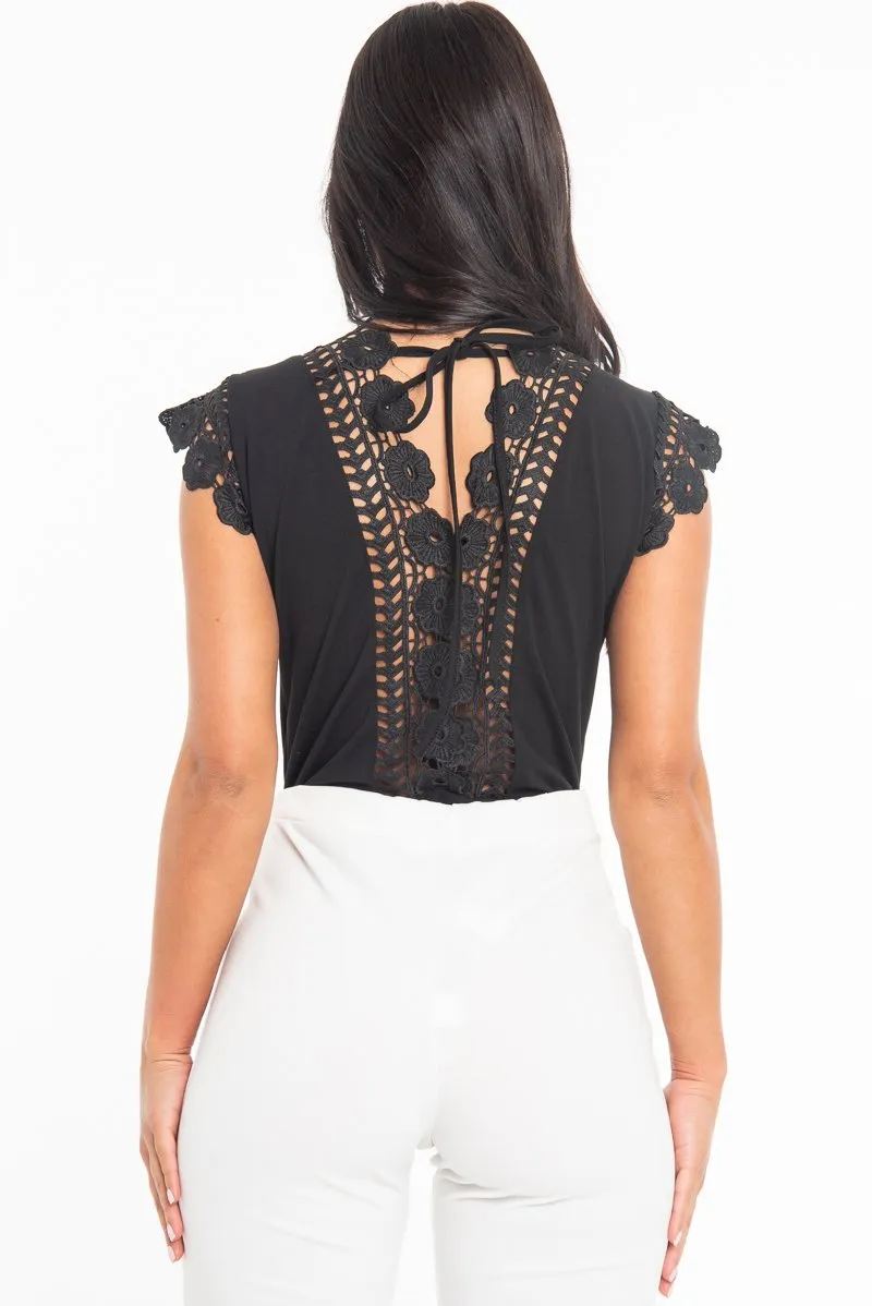 Black Plunge Crochet Insert Cap Sleeve Bodysuit - Zahida