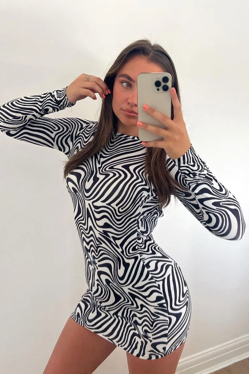 Black White Wave Print Cut Out Back Mini Dress - Malia