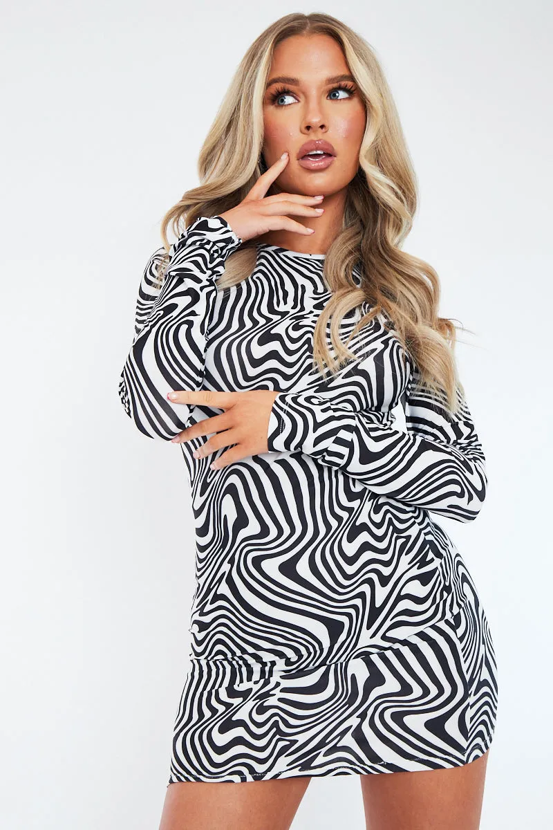 Black White Wave Print Cut Out Back Mini Dress - Malia