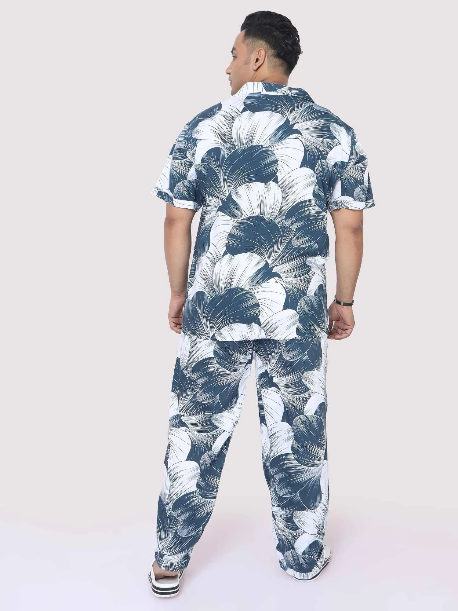 Blue-Grey Big Flower Digital Printed Full Co-Ords Men's Plus Size