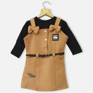 Brown Dungaree Dress With Full Sleeves Black T-Shirt