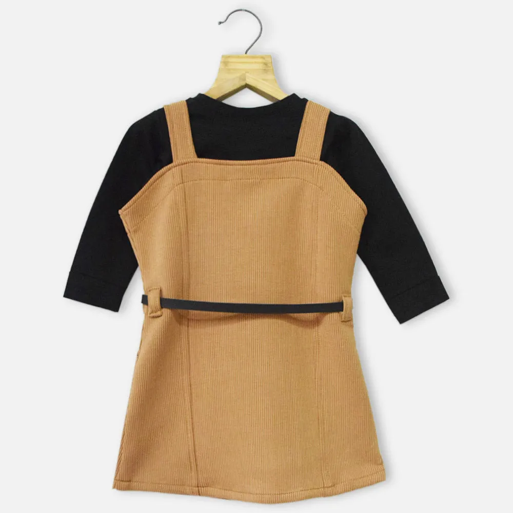 Brown Dungaree Dress With Full Sleeves Black T-Shirt