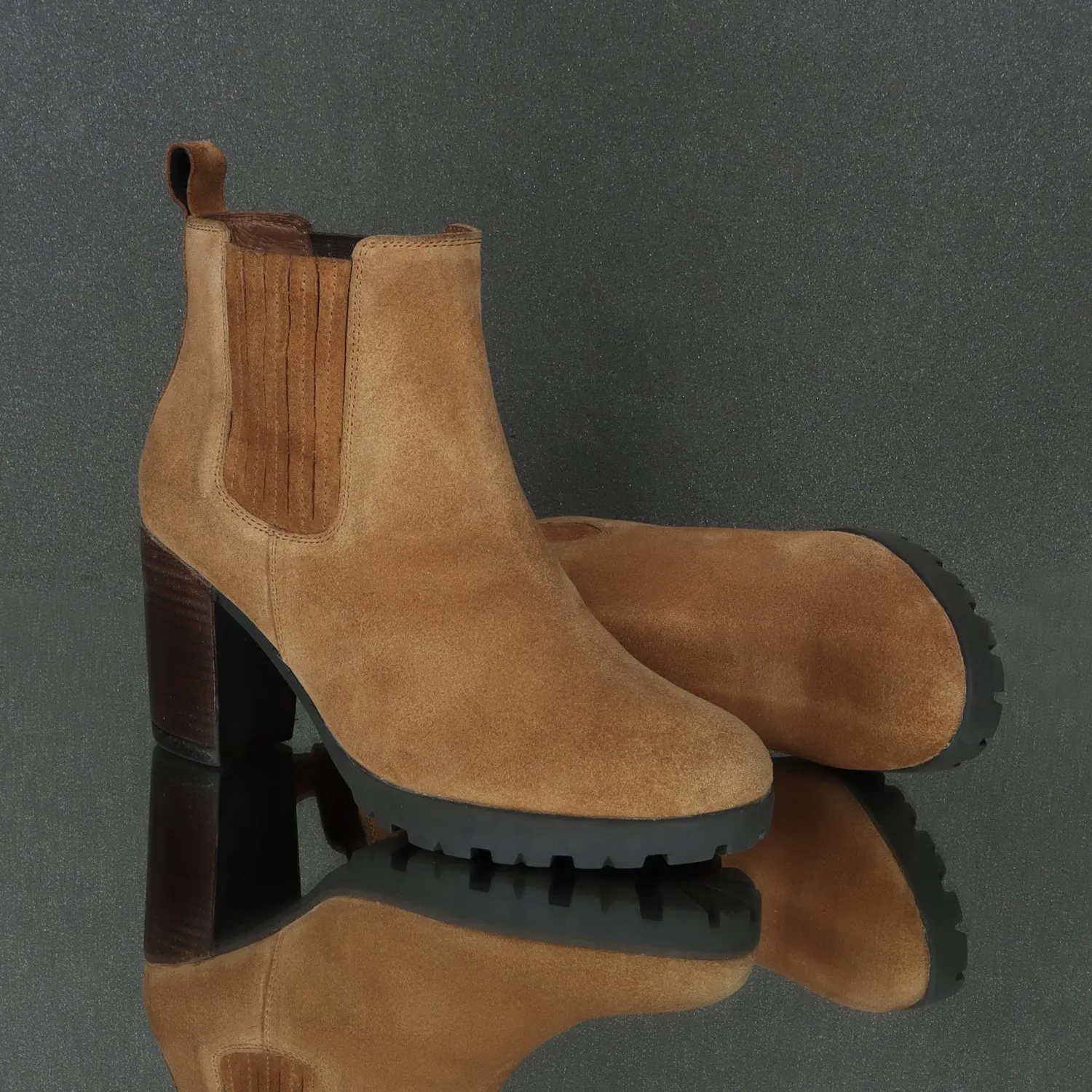 Brown Suede Stitched Leather Elastic Ladies Blocked Heel Boots By Brune & Bareskin