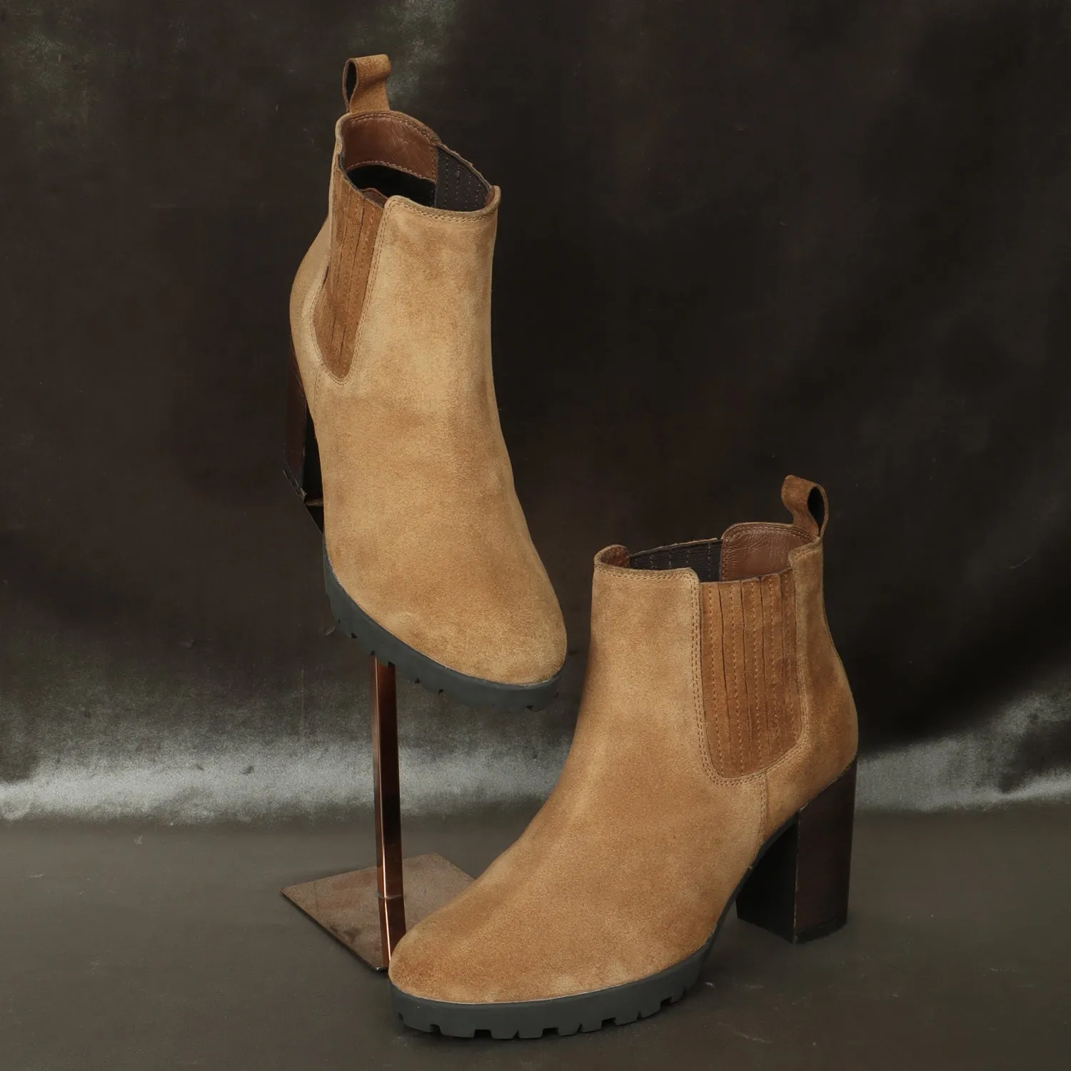 Brown Suede Stitched Leather Elastic Ladies Blocked Heel Boots By Brune & Bareskin