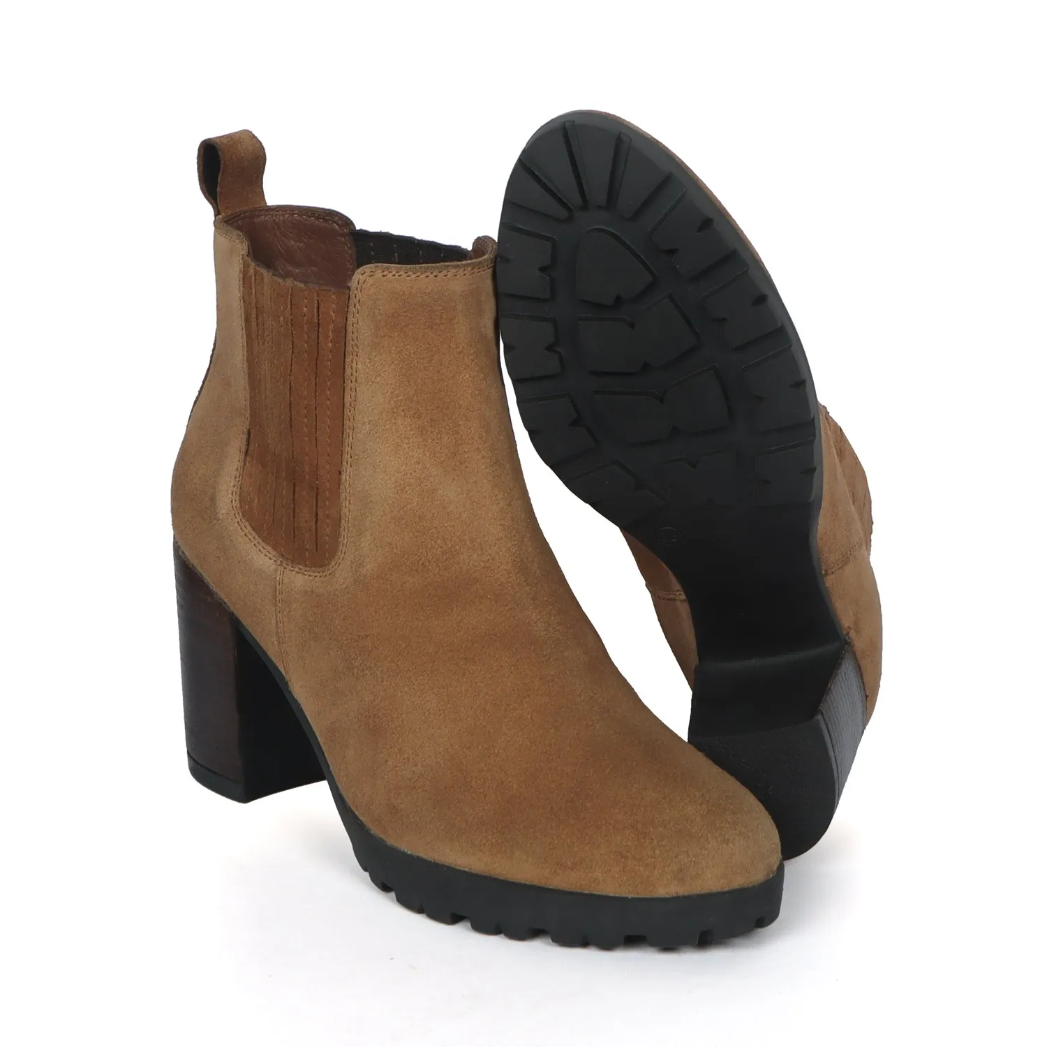 Brown Suede Stitched Leather Elastic Ladies Blocked Heel Boots By Brune & Bareskin