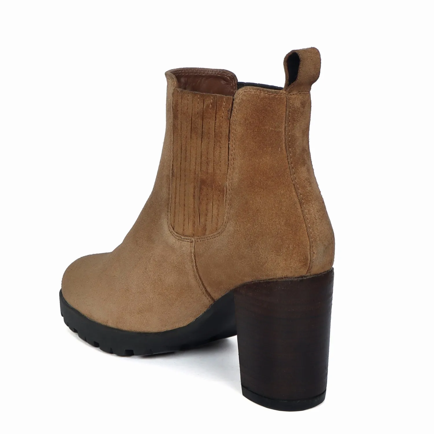 Brown Suede Stitched Leather Elastic Ladies Blocked Heel Boots By Brune & Bareskin