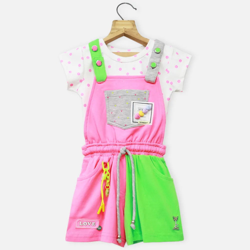 Colorblock Dungaree With White Polka Dots Top