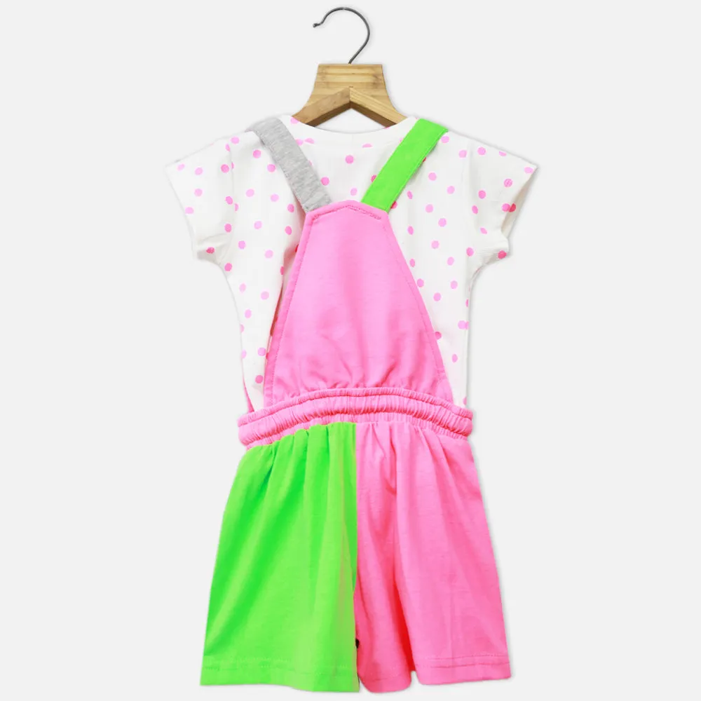 Colorblock Dungaree With White Polka Dots Top