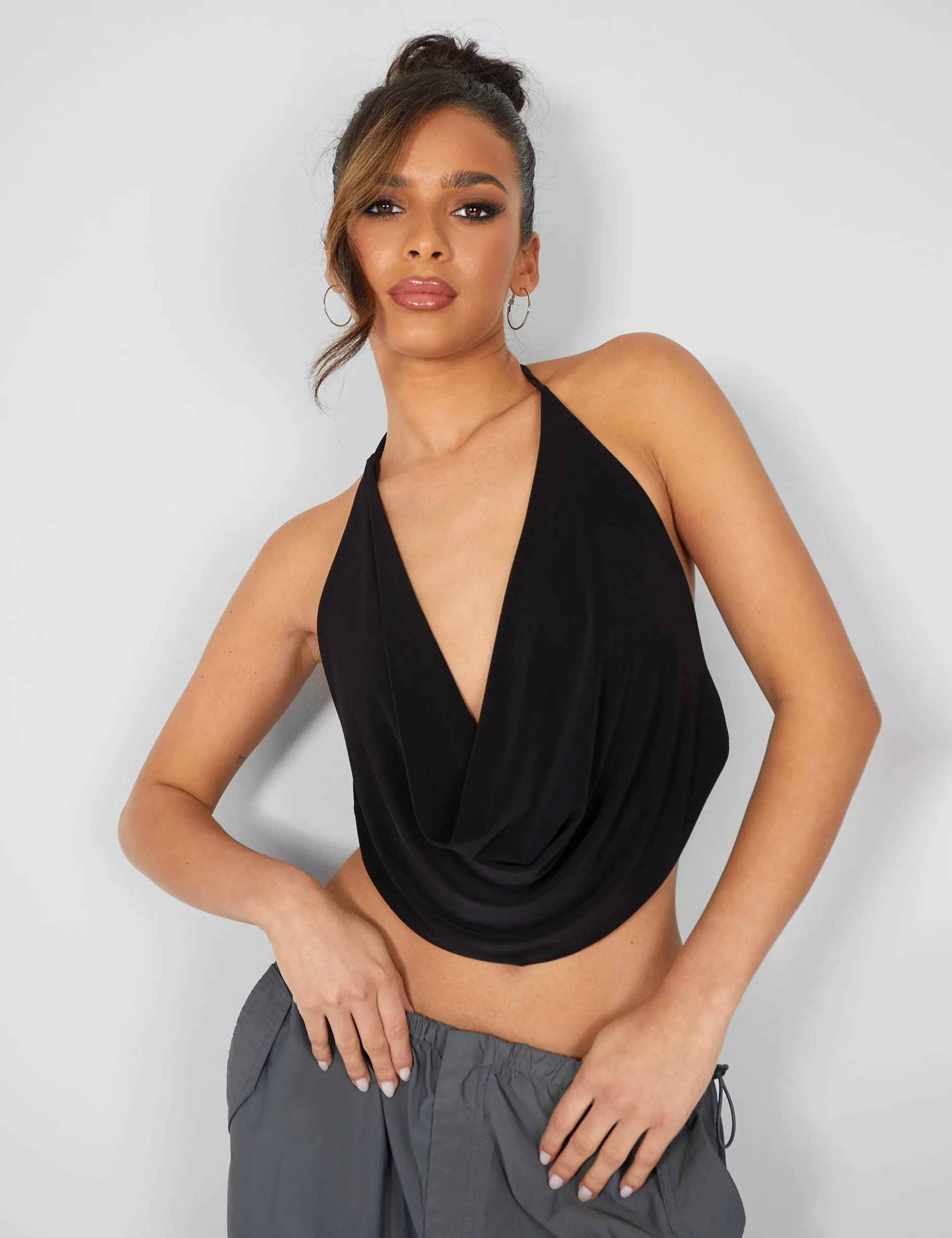 Cowl Neck Crop Top Black