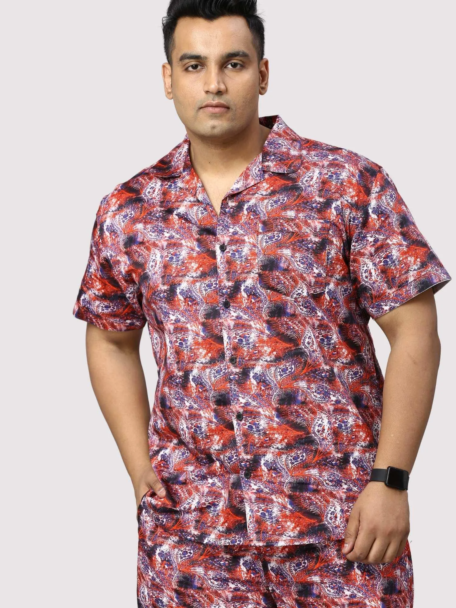 Dark Coral Digital Printed Half Co-Ords Men's Plus Size