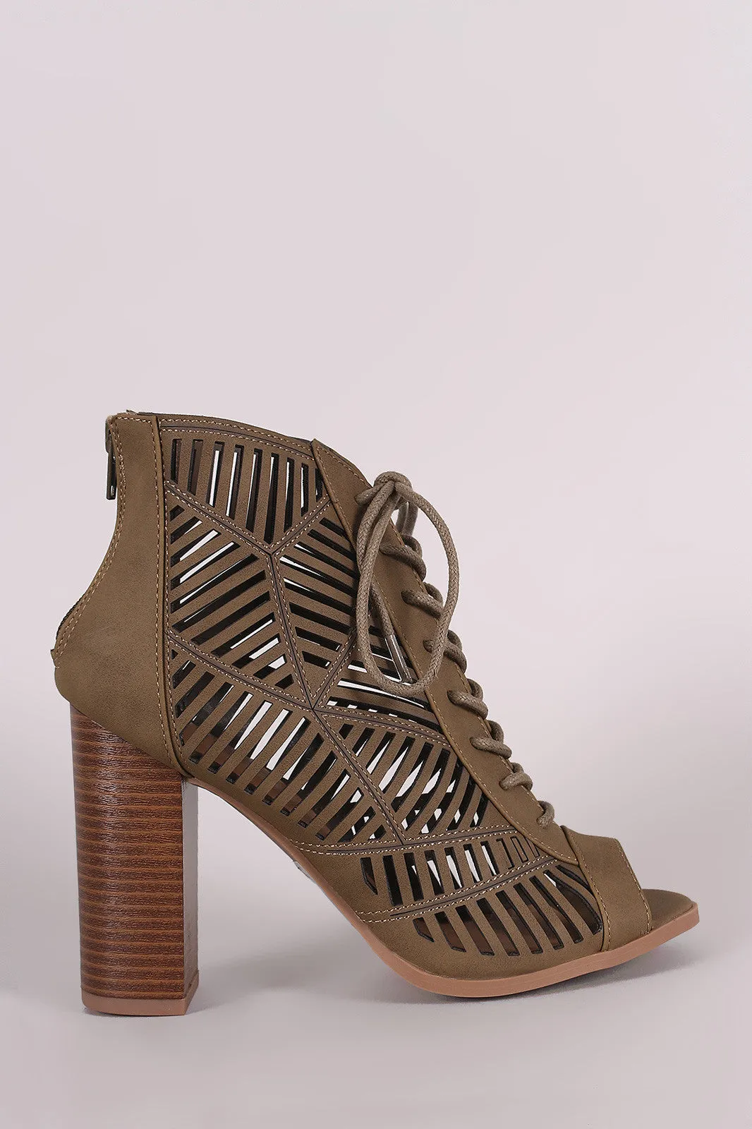 Delicious Geo Cutout Lace-Up Chunky Heeled Booties