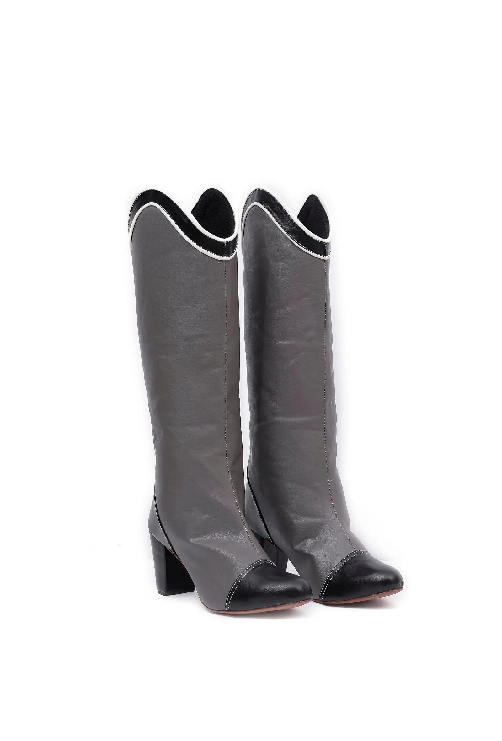 Dusty Grey and Black Cruelty Free Leather Long Boots