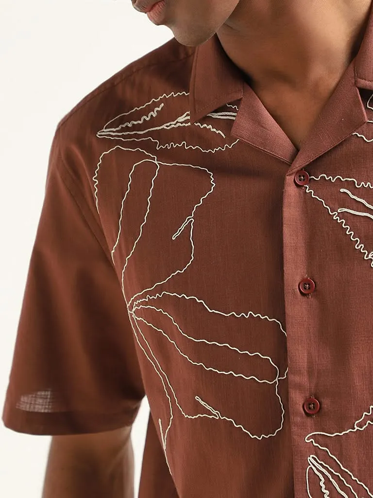 ETA Brown Embroidered Cotton Relaxed Fit Shirt