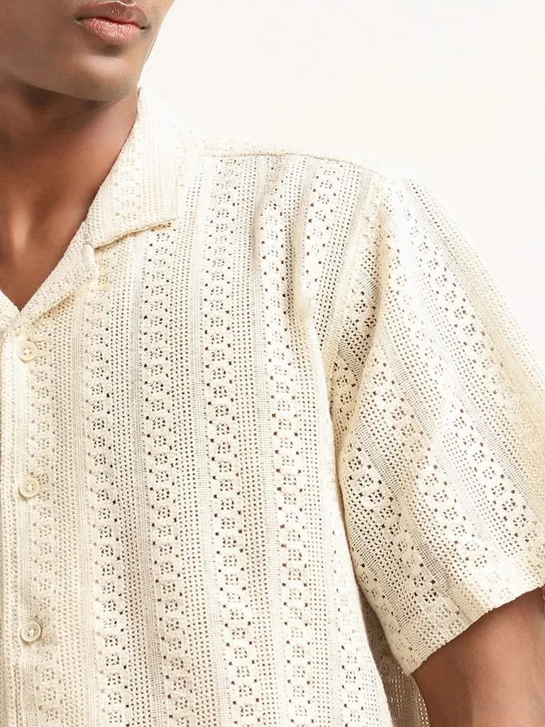 ETA Solid Cream Crochet Cotton Blend Relaxed Fit Shirt