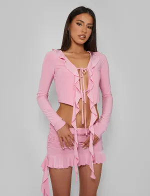 Frill Detail Tie Front Cardigan Top Baby Pink