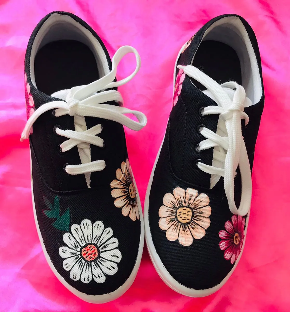 Funky N Trendy hand painted water resistant Daisy floral theme black sneakers