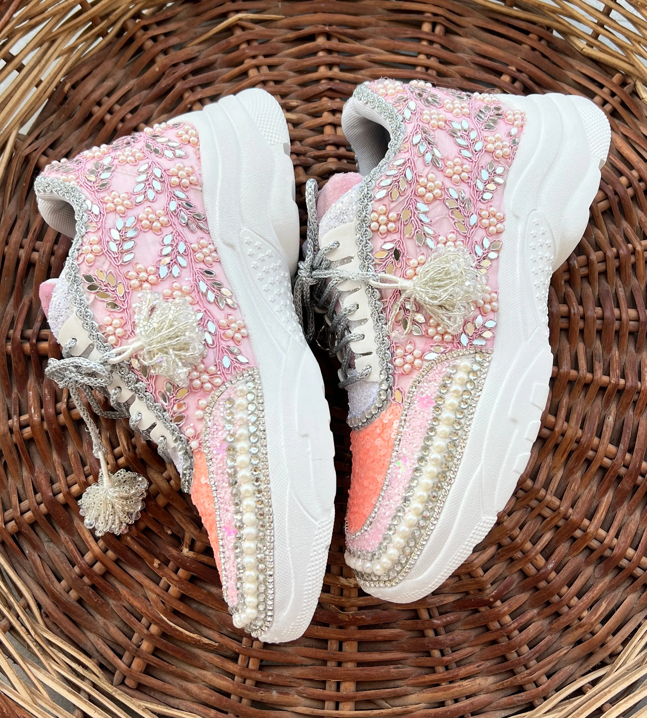 FUNKY N TRENDY peach/pink / pink embroidery sneakers with pearls detailing for brides / bridesmaid sneakers/ pink shoes / peach shoes/ bridal sneakers