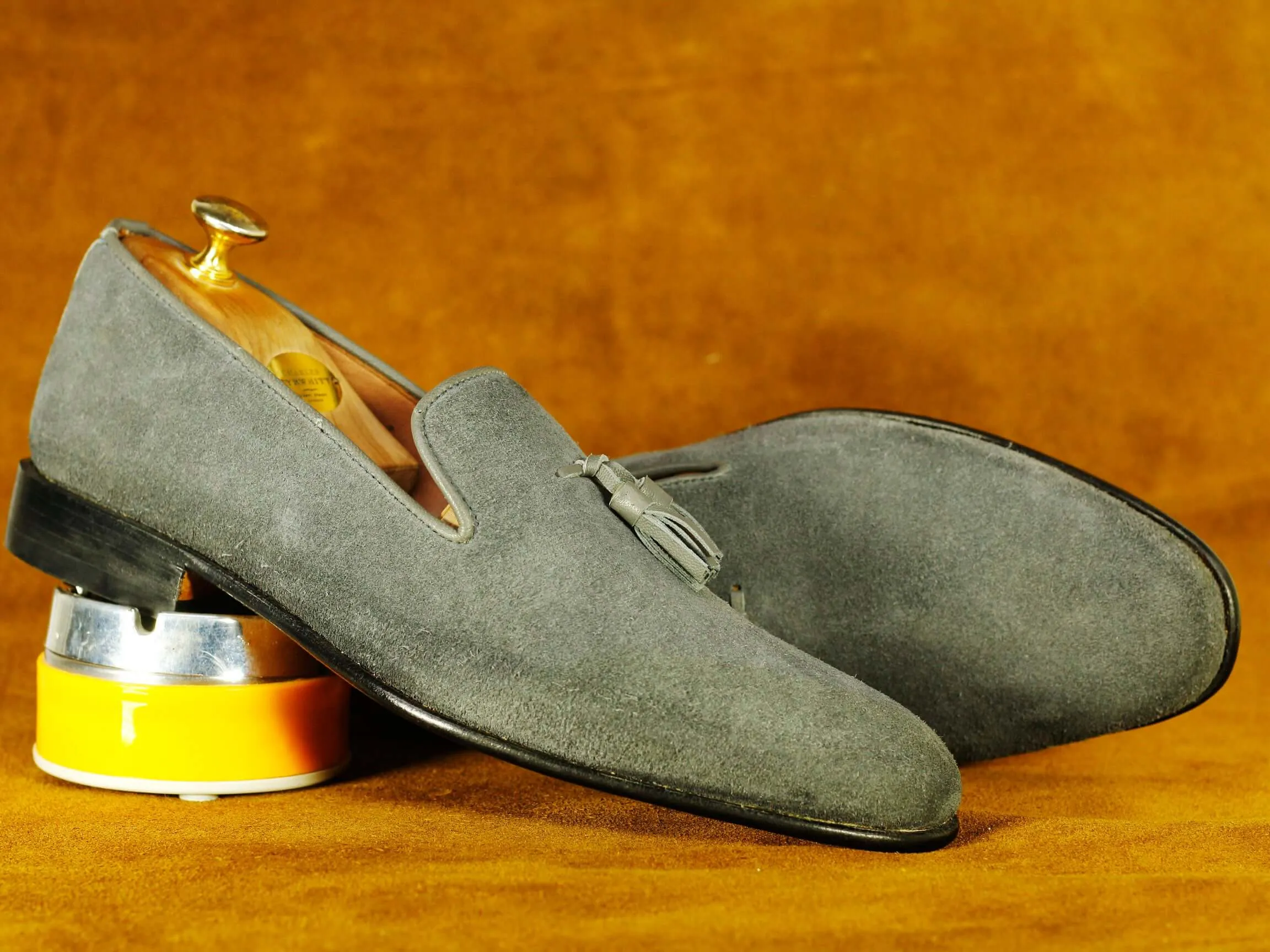 Handmade Gray Suede Tussles Loafers Shoes,Slip On's Moccasin Dress Shoes