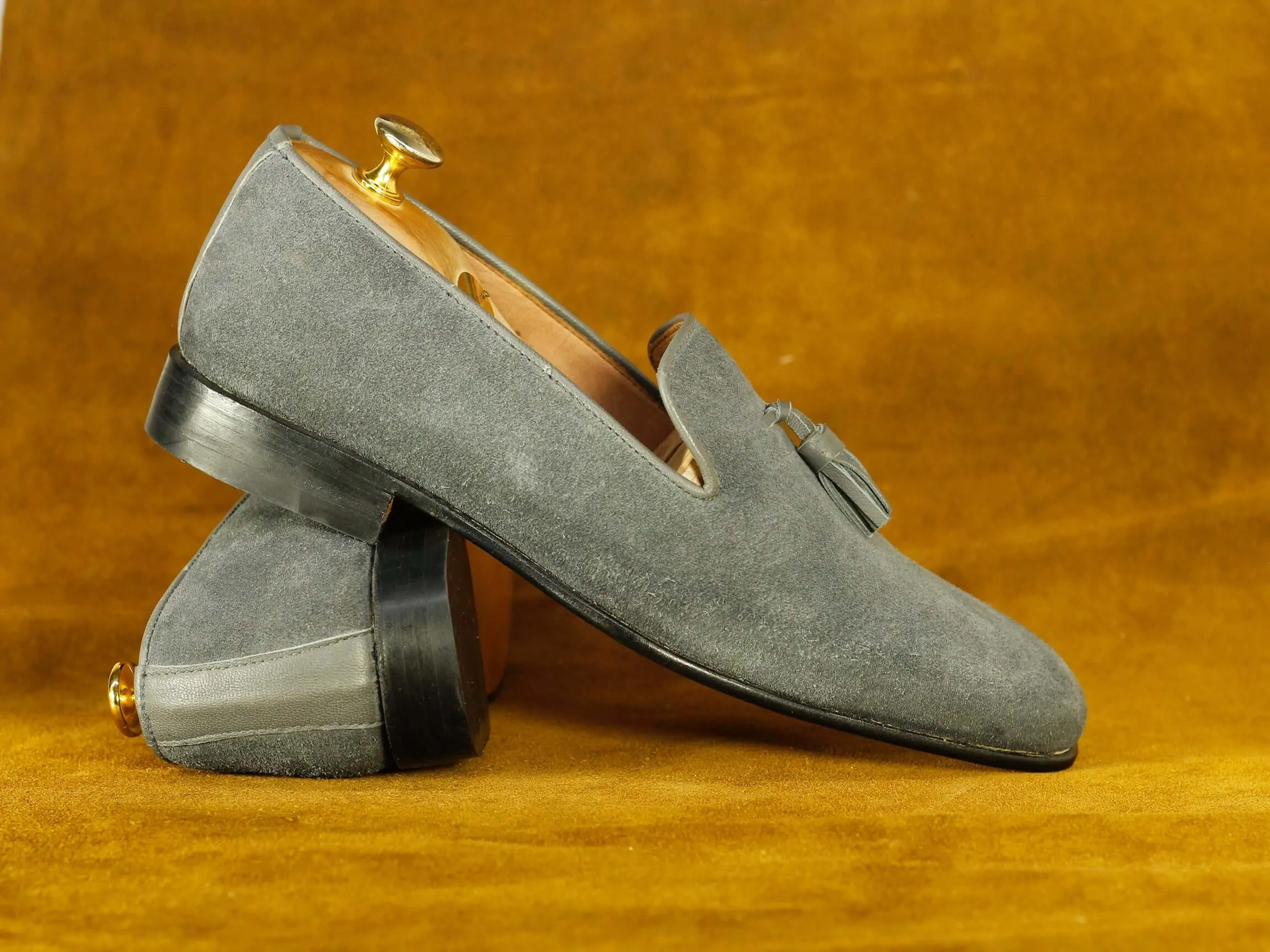 Handmade Gray Suede Tussles Loafers Shoes,Slip On's Moccasin Dress Shoes