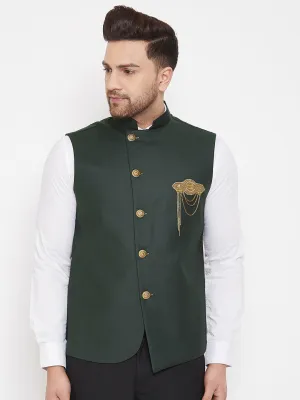 Jashvi Bottle Green Solid Embellished Zardozi Nehru Jacket