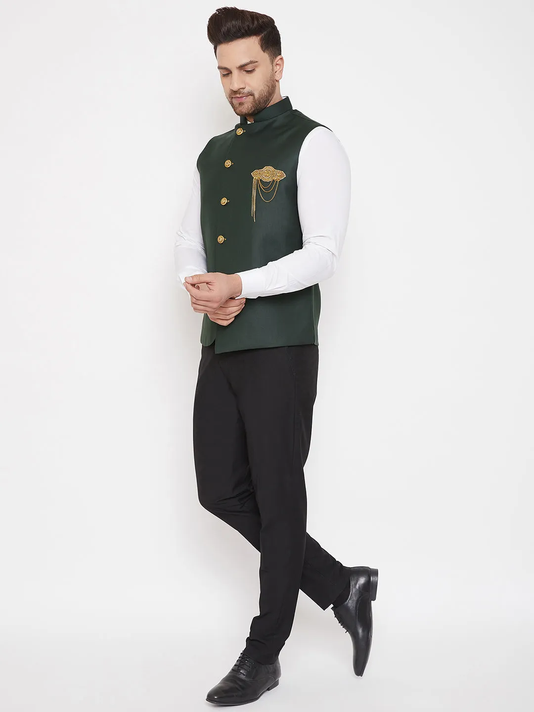 Jashvi Bottle Green Solid Embellished Zardozi Nehru Jacket