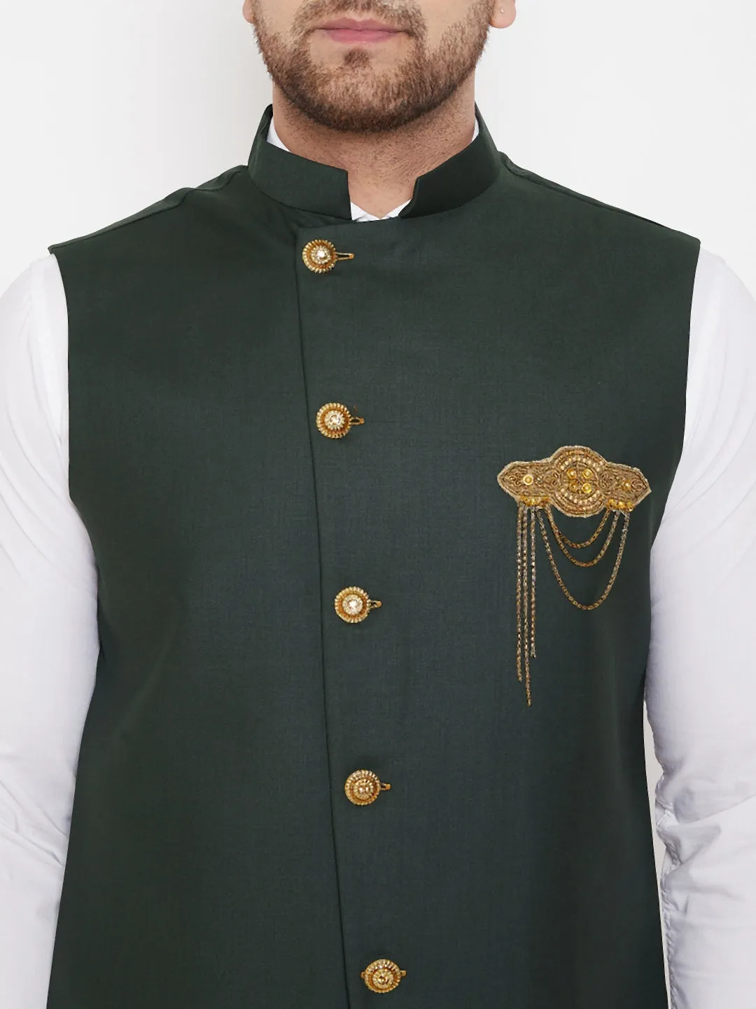 Jashvi Bottle Green Solid Embellished Zardozi Nehru Jacket