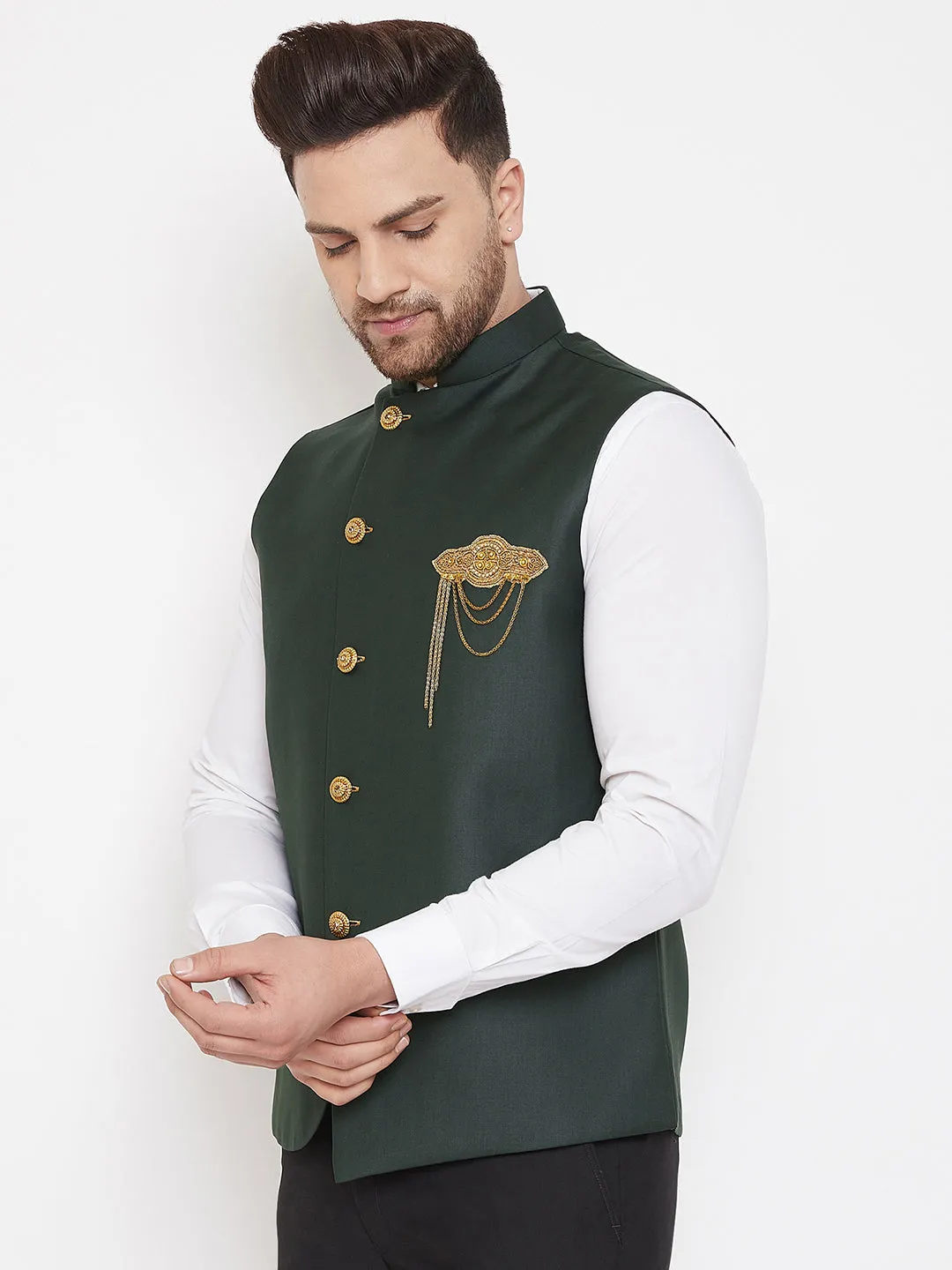 Jashvi Bottle Green Solid Embellished Zardozi Nehru Jacket