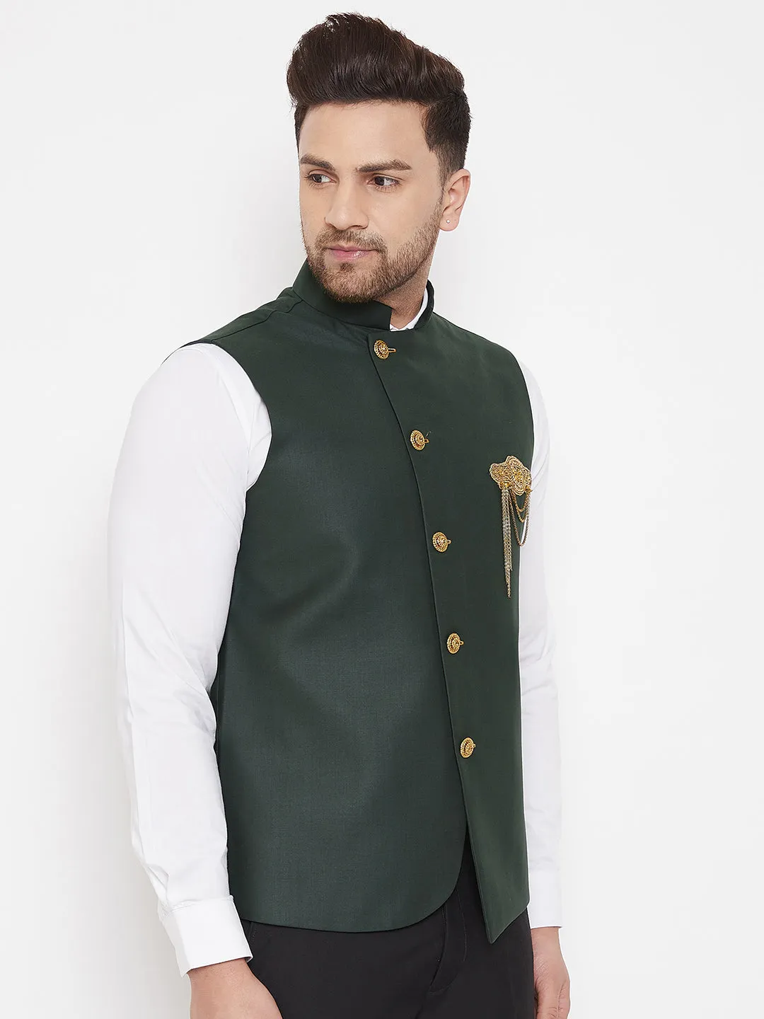 Jashvi Bottle Green Solid Embellished Zardozi Nehru Jacket