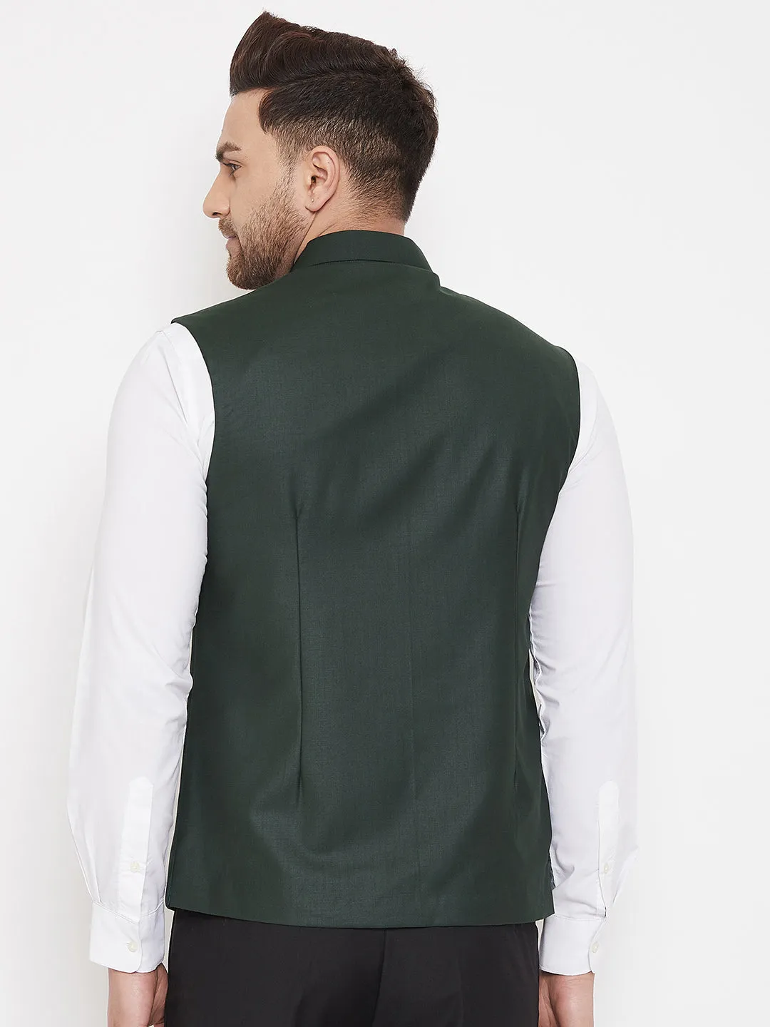 Jashvi Bottle Green Solid Embellished Zardozi Nehru Jacket