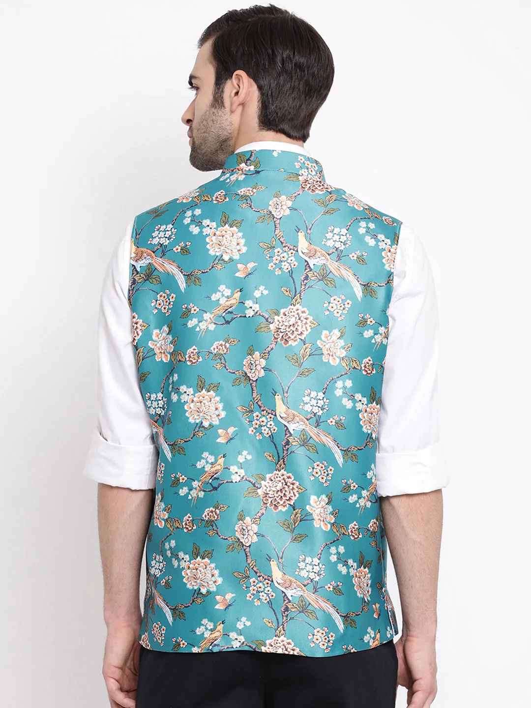 Jashvi Men's Turquoise Digital Printed Royal Angrakha Nehru Jacket