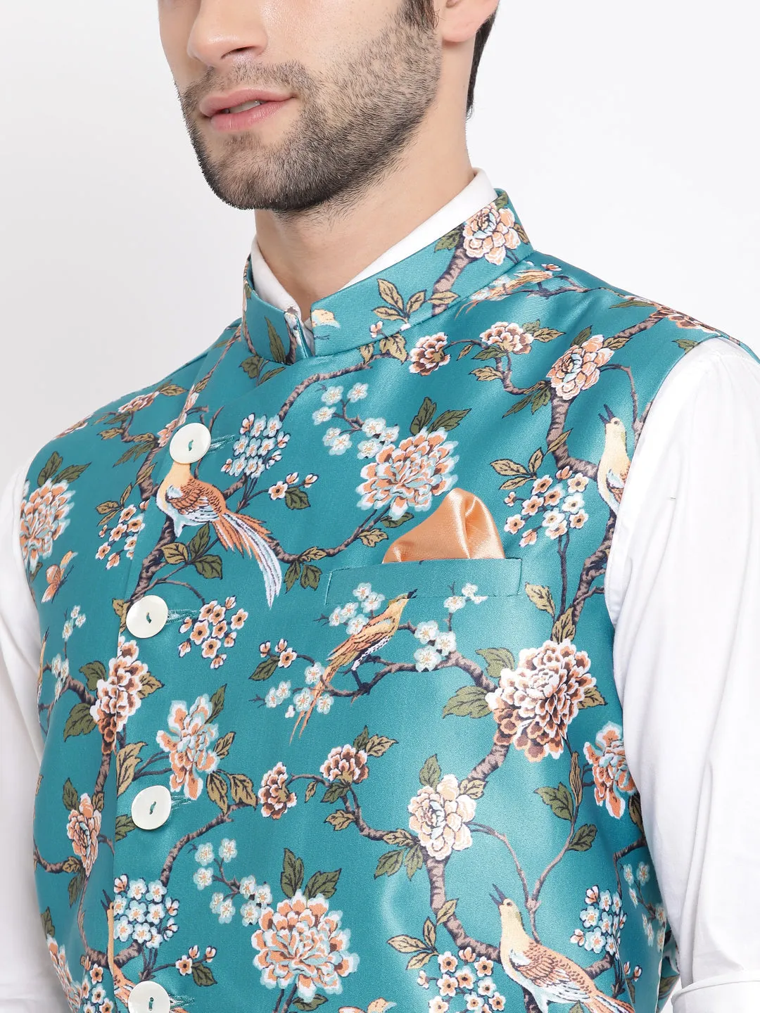 Jashvi Men's Turquoise Digital Printed Royal Angrakha Nehru Jacket