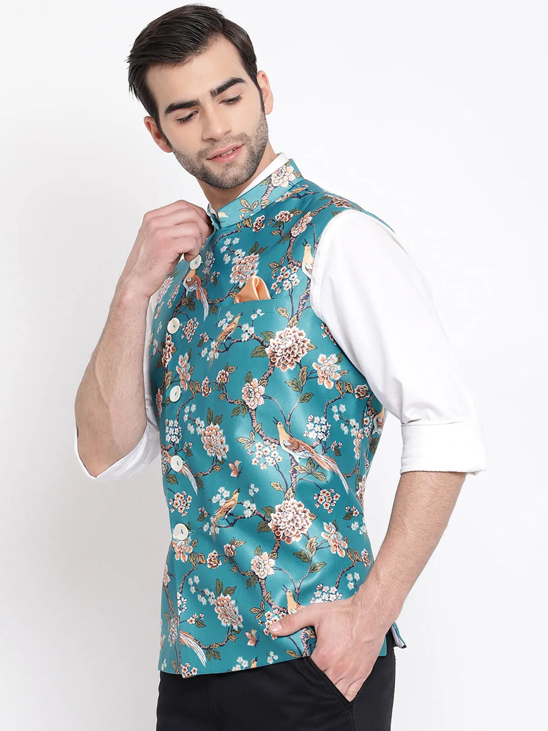 Jashvi Men's Turquoise Digital Printed Royal Angrakha Nehru Jacket