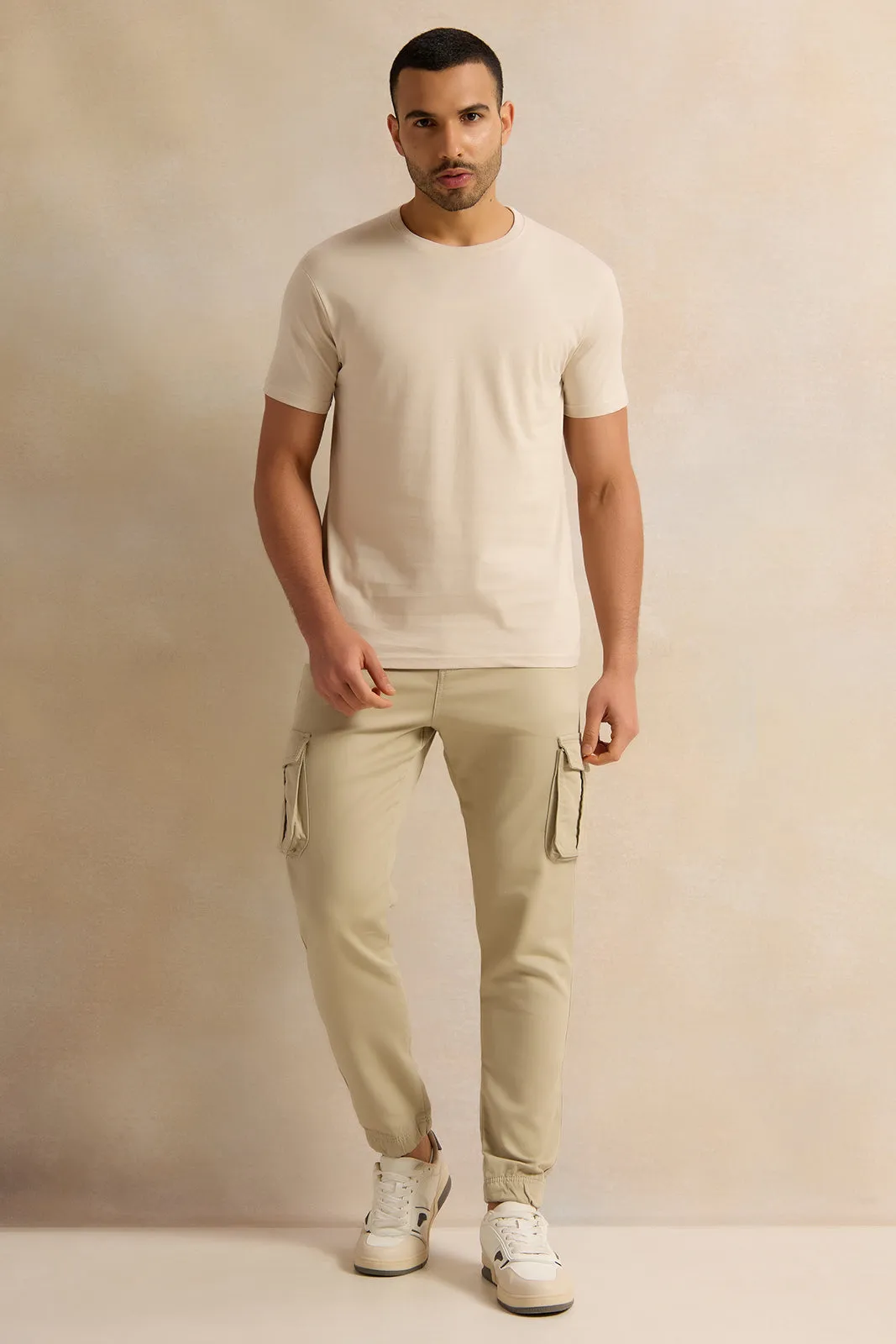 Men Beige Cargo Denim Jogger