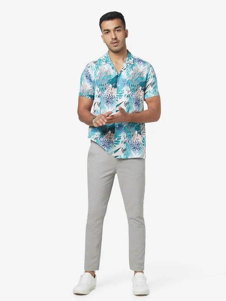 Nuon Light Blue Tropical Print Relaxed-Fit Shirt