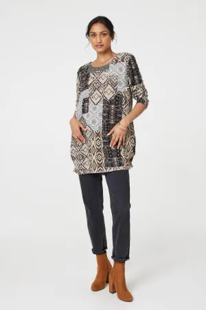 Patchwork Print Long Sleeve Scoop Neck Tunic