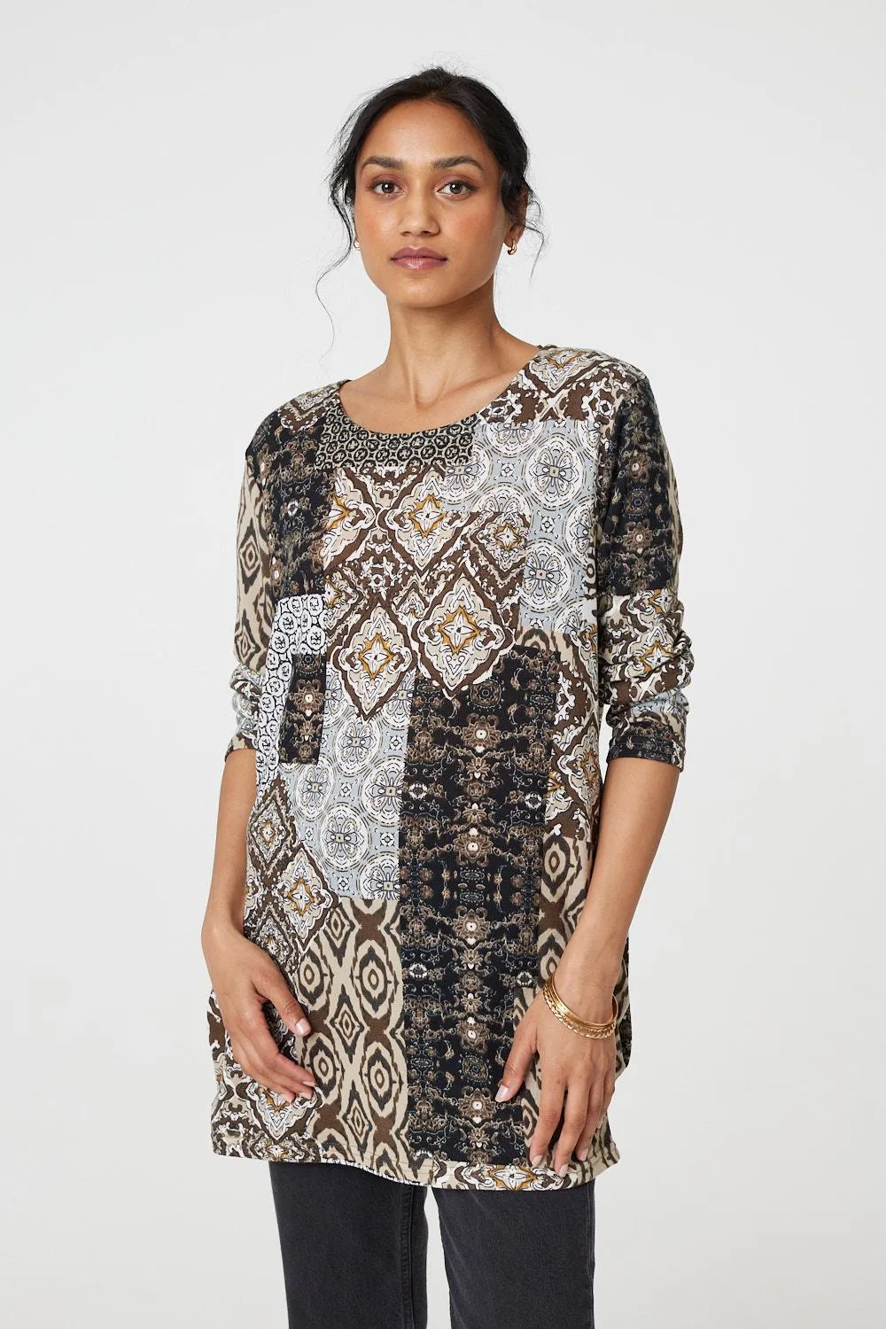 Patchwork Print Long Sleeve Scoop Neck Tunic