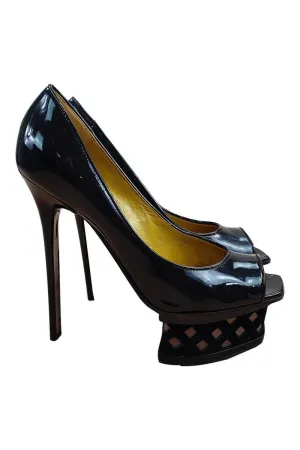 POLLINI Black Patent Leather Peep Toe Platform Heel (39)