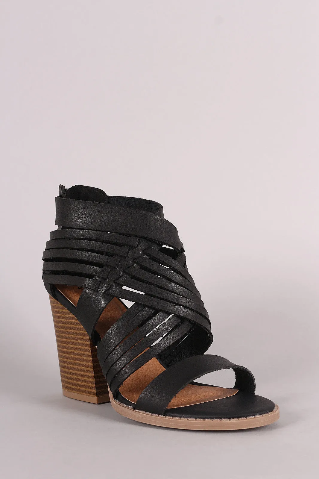 Qupid Crisscross Woven Straps Open Toe Chunky Heel